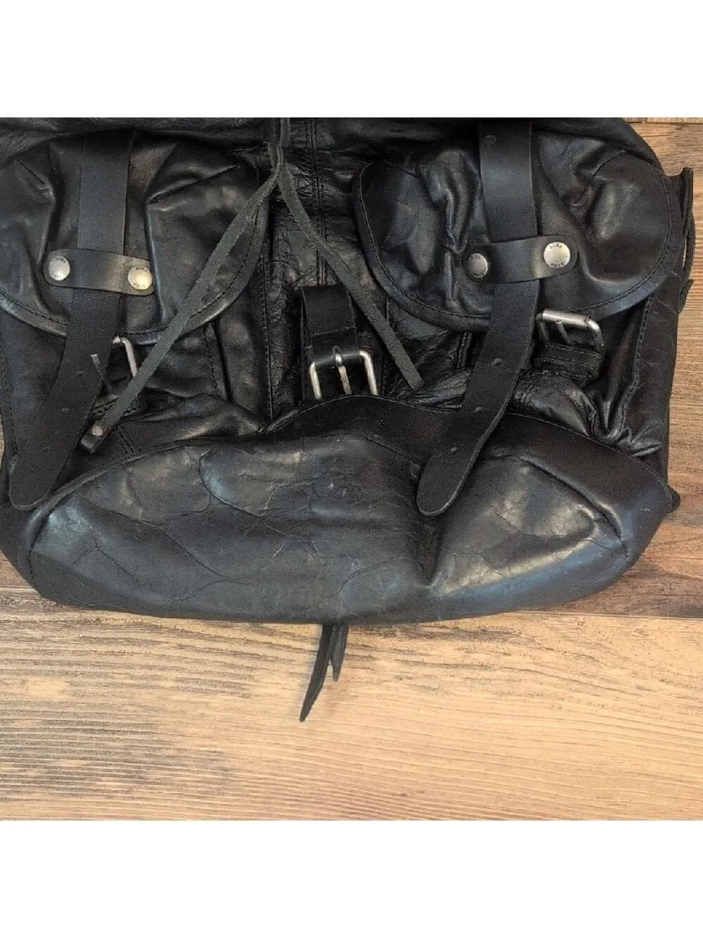 Frye Black Leather Buckled Zipper Back Vintage Rare Unisex Backpack       -C192